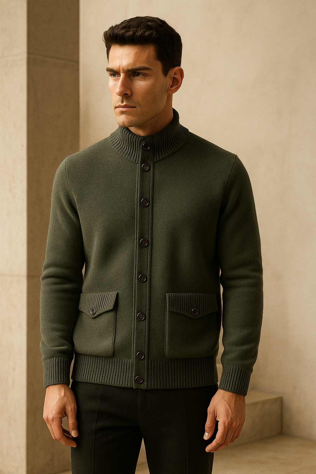Emiral Couture Giotto cashmere cardigan in forest green, featuring an elegant design and soft texture.