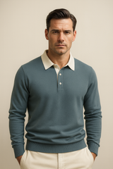 Cyan polo shirt by Emiral Couture, featuring a classic knit design and elegant style details.