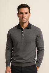Grey polo sweater made of premium gabardine fabric by Emiral Couture, featuring a classic design and comfortable fit.