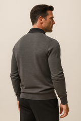Grey polo shirt by Emiral Couture made from premium gabardine fabric, featuring a classic collar and elegant design.