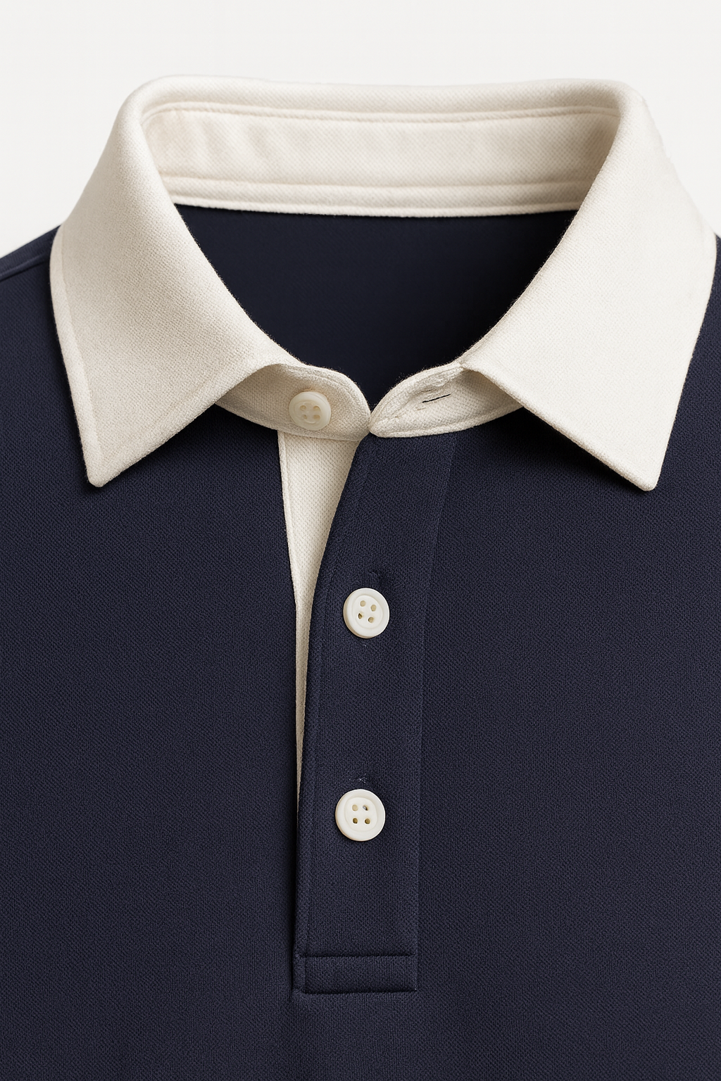 Navy polo sweater made from premium gabardine by Emiral Couture, featuring a classic collar and stylish fit.