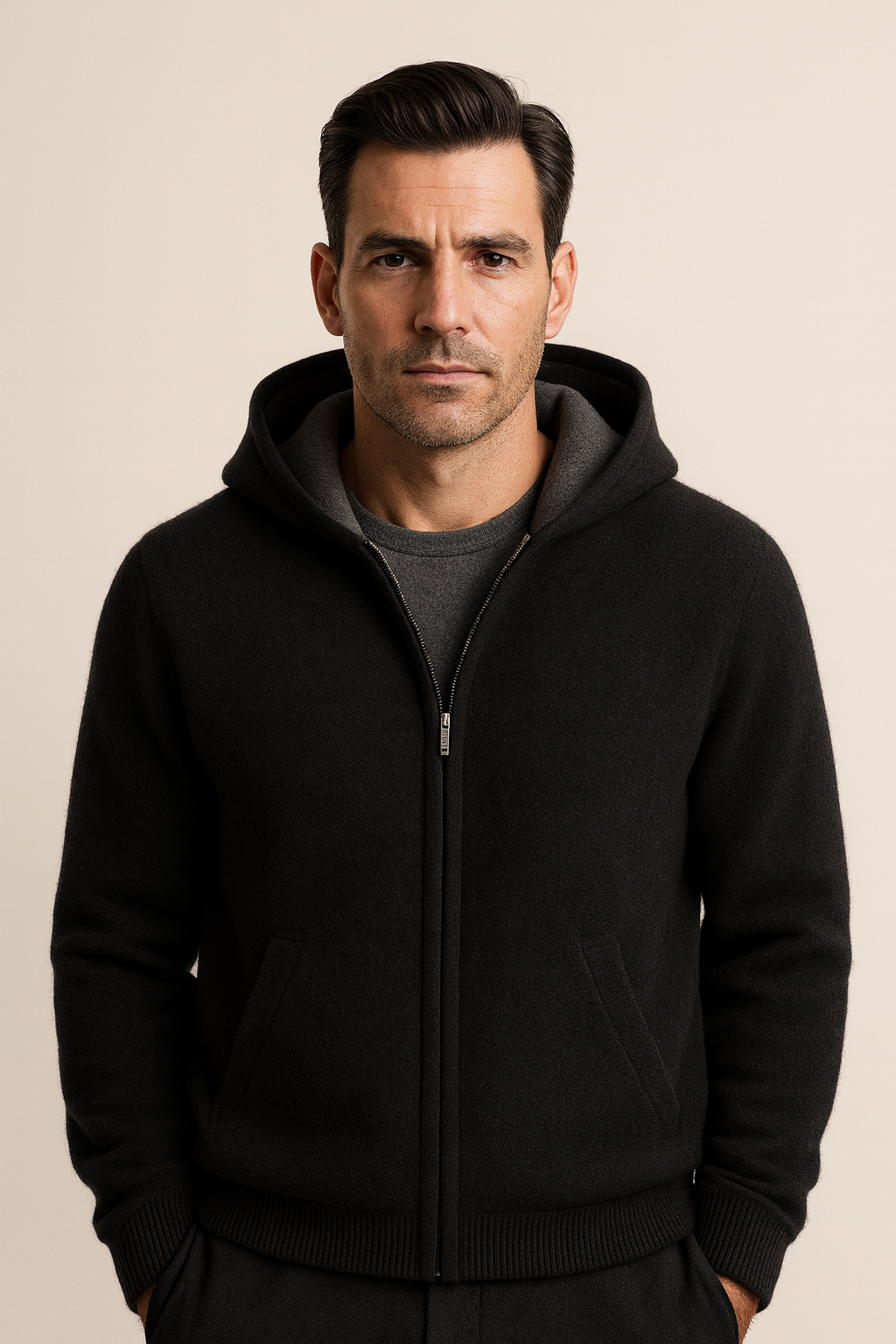 Reversible cashmere hoodie in soft gray by Emiral Couture with a zip front and adjustable hood.