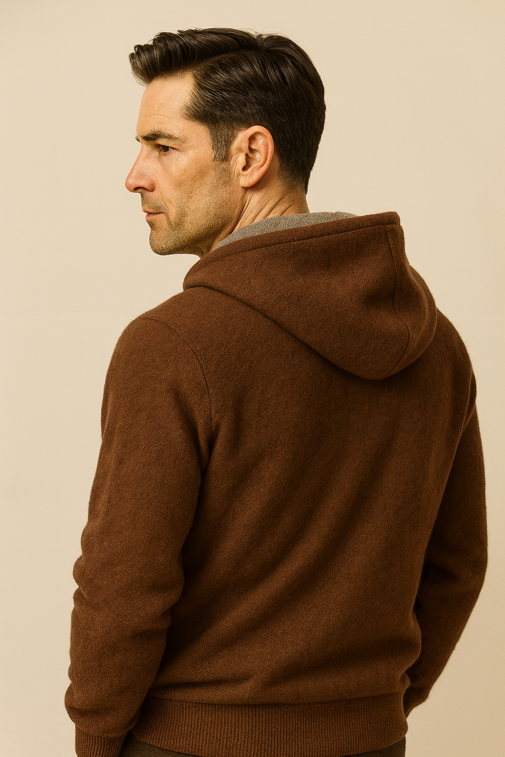 Emiral Couture Calinto Hooded Zip Knit featuring a stylish back design in a fashion editorial setting.