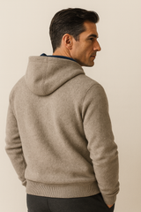 Back view of Emiral Couture Calinto Hooded Zip Knit showcasing elegant cashmere texture and hood detail.