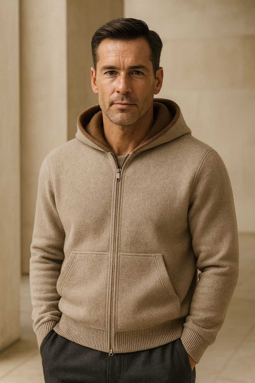 Emiral Couture Calinto hooded zip knit in a stylish model display, showcasing its elegant design and comfortable fit.