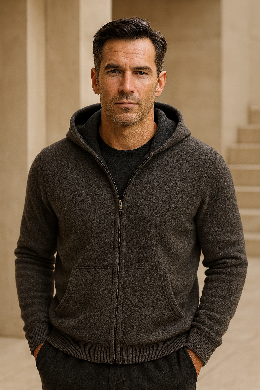 Emiral Couture Calinto hooded zip knit in elegant cashmere, featuring a modern design and soft texture.