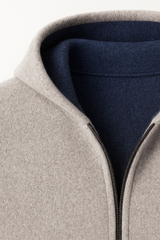 Emiral Couture reversible cashmere hoodie in a stylish zip design with a cozy hood and soft knit texture.