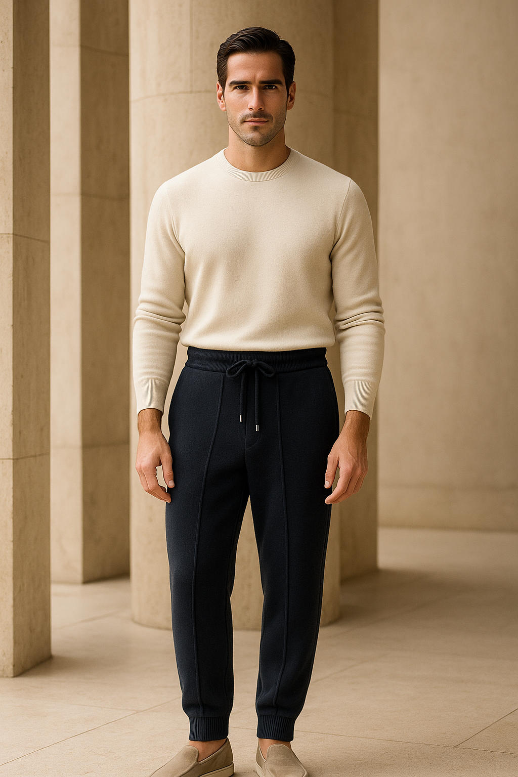Emiral Couture navy cashmere trousers showcased in a lifestyle setting, highlighting soft fabric and stylish design.