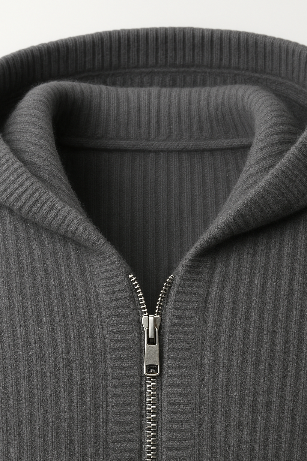 Dark grey hooded knit cardigan by Emiral Couture with ribbed texture and relaxed fit.