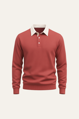 Emiral Couture red polo knit shirt displayed with a classic collar and short sleeves, showcasing soft fabric texture.