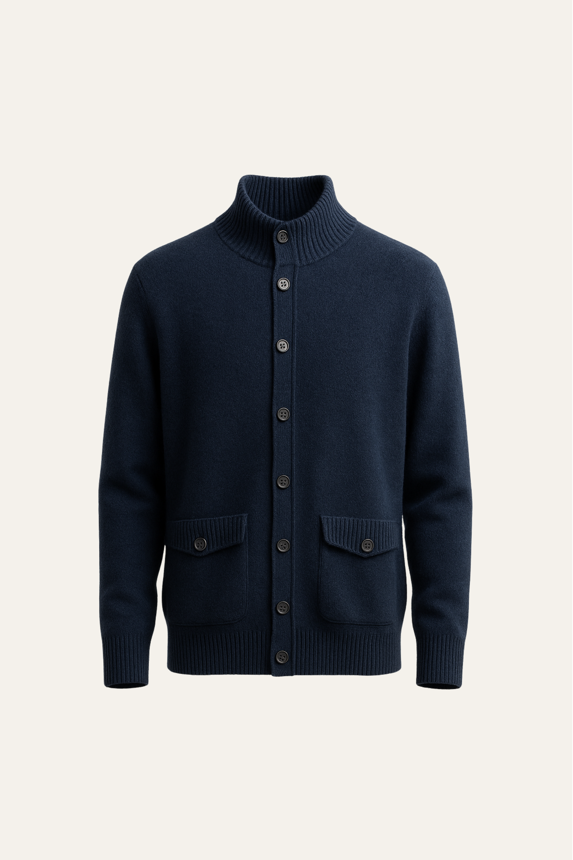 Navy Giotto cashmere cardigan from Emiral Couture, featuring a soft texture and classic button closure design.