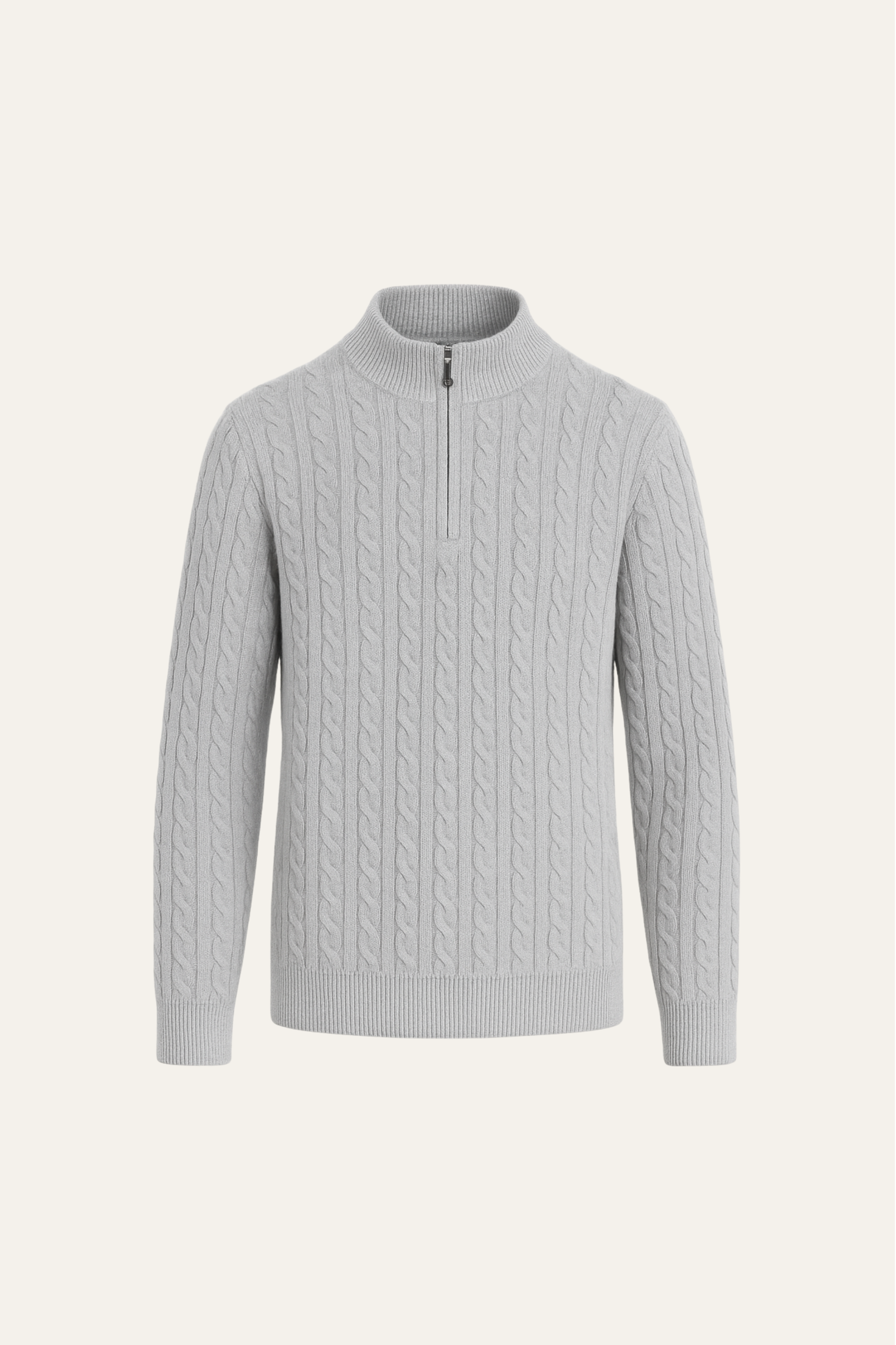 Grey half-zip cashmere sweater by Emiral Couture with a soft knit texture and a relaxed fit.