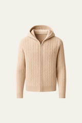 Beige hooded cable knit sweater by Emiral Couture, featuring intricate patterns and a cozy design.
