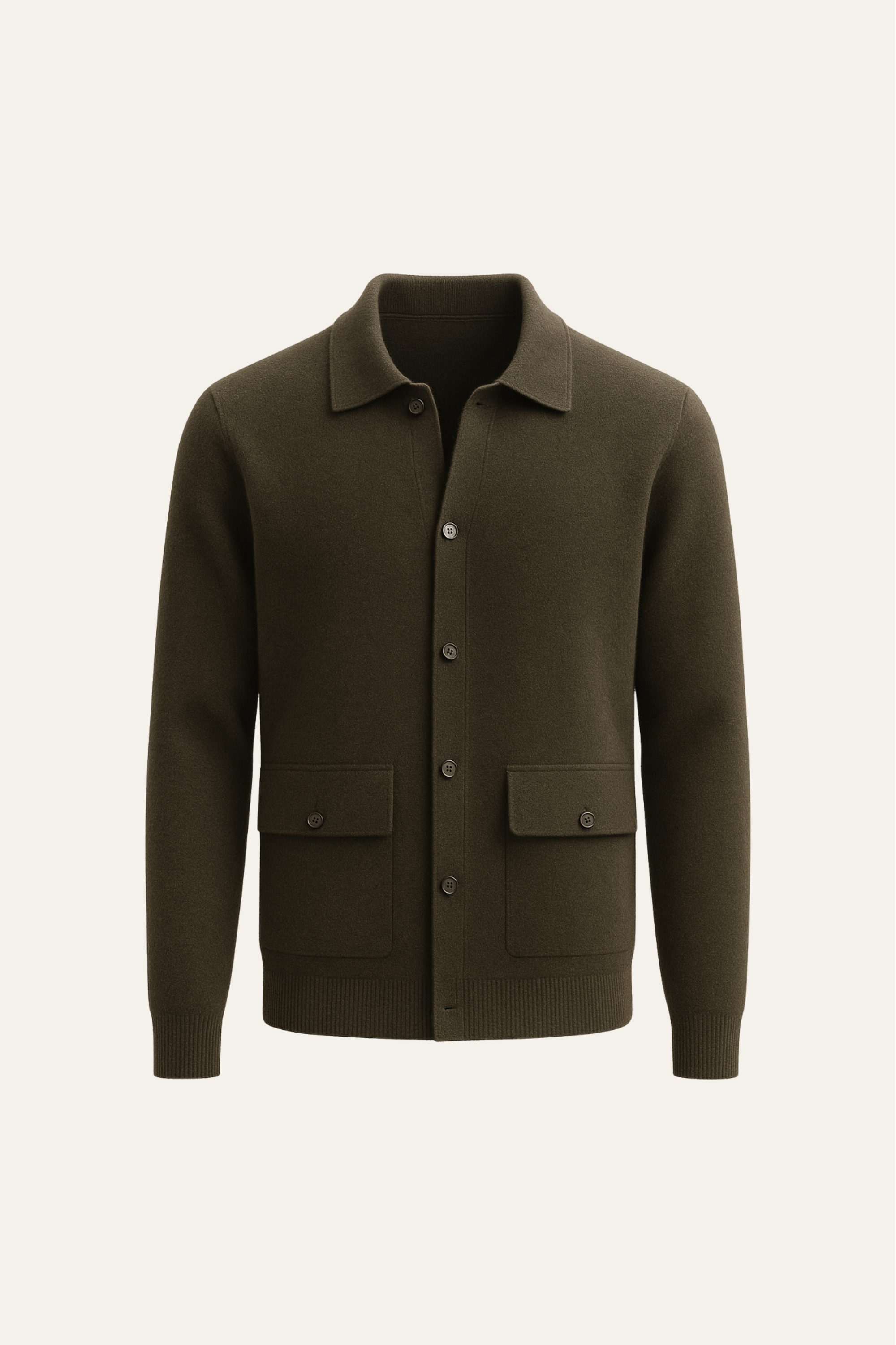 Olive green Vicenza cashmere cardigan by Emiral Couture displayed on a hanger with soft texture and relaxed fit.