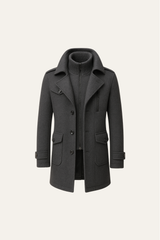 Grey long coat by Emiral Couture, featuring a classic design and tailored fit, perfect for stylish outerwear.