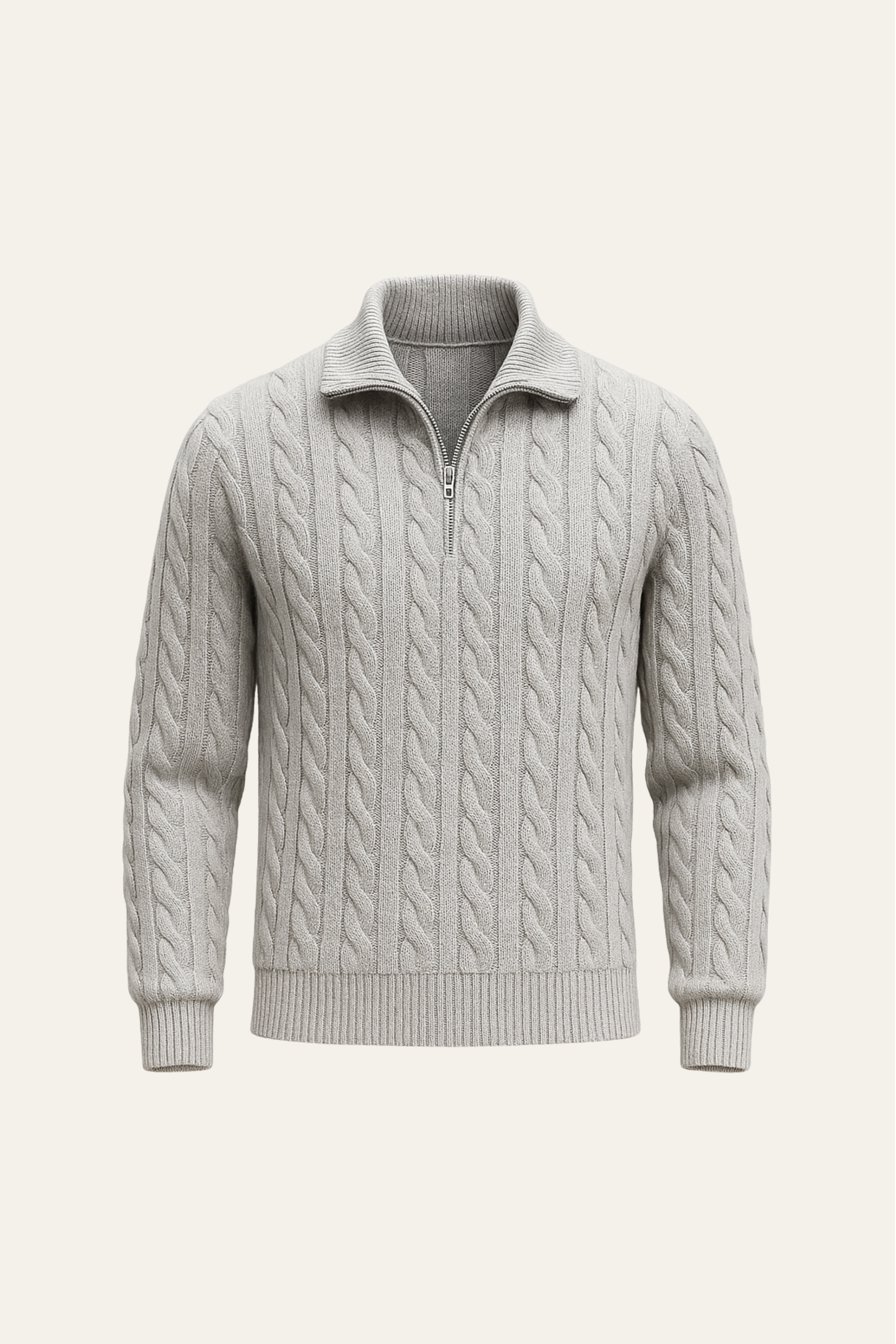 Emiral Couture grey cable knit sweater with intricate patterns and a cozy fit, perfect for cool weather styling.