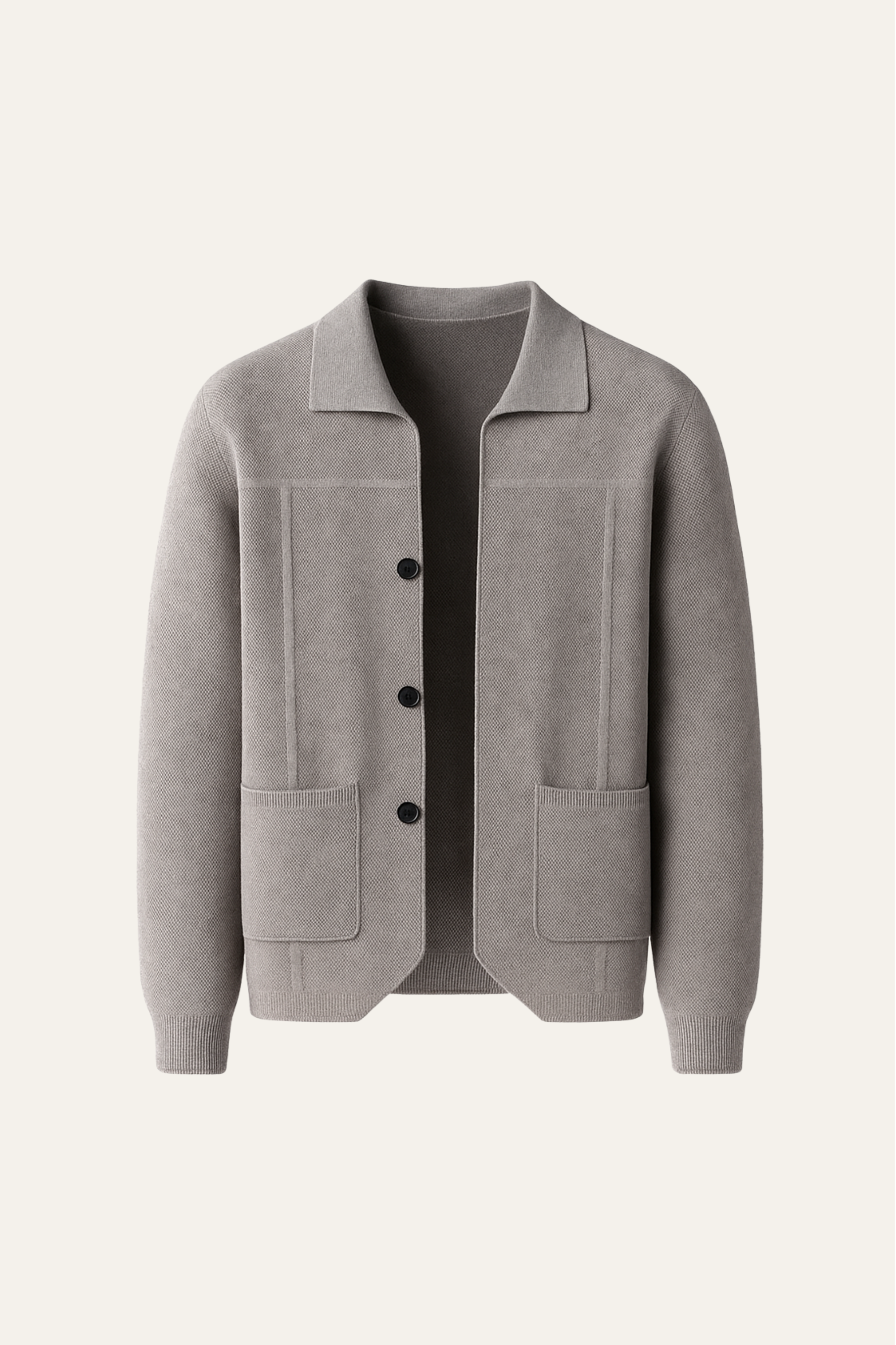 Grey Valero cashmere cardigan from Emiral Couture, featuring a relaxed fit and soft texture, perfect for layering.
