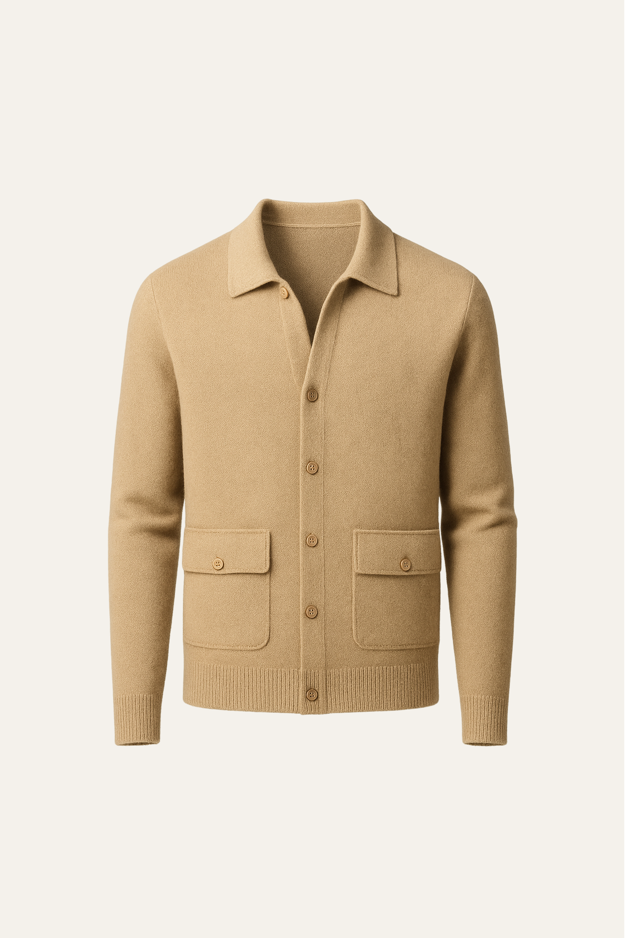 Emiral Couture camel cashmere cardigan sweater with a relaxed fit and open front design.