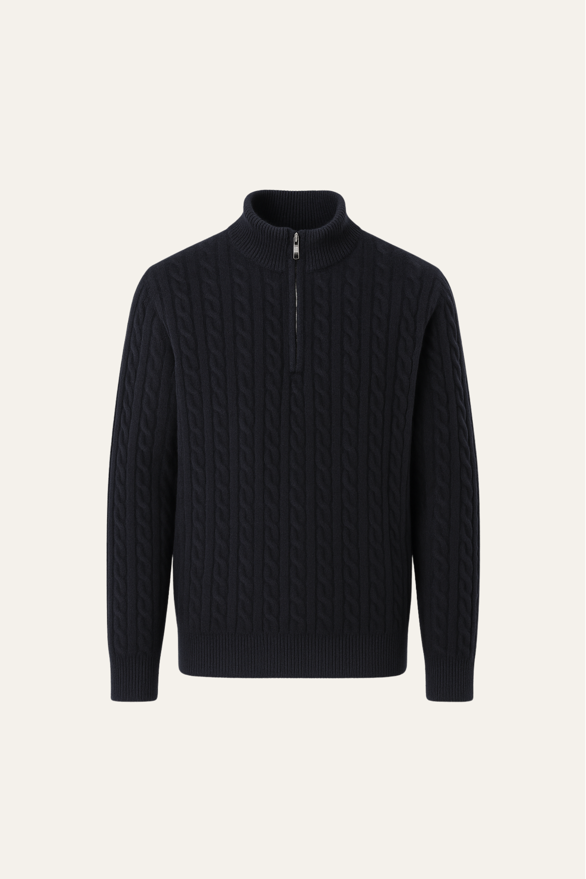 Emiral Couture black cashmere half-zip knit sweater with a relaxed fit and elegant design.