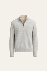 Beige and grey reversible cashmere zip knit sweater by Emiral Couture, featuring a stylish and cozy design.