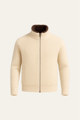 Beige Valen Blouson cardigan by Emiral Couture, featuring a relaxed fit and textured fabric for a stylish look.
