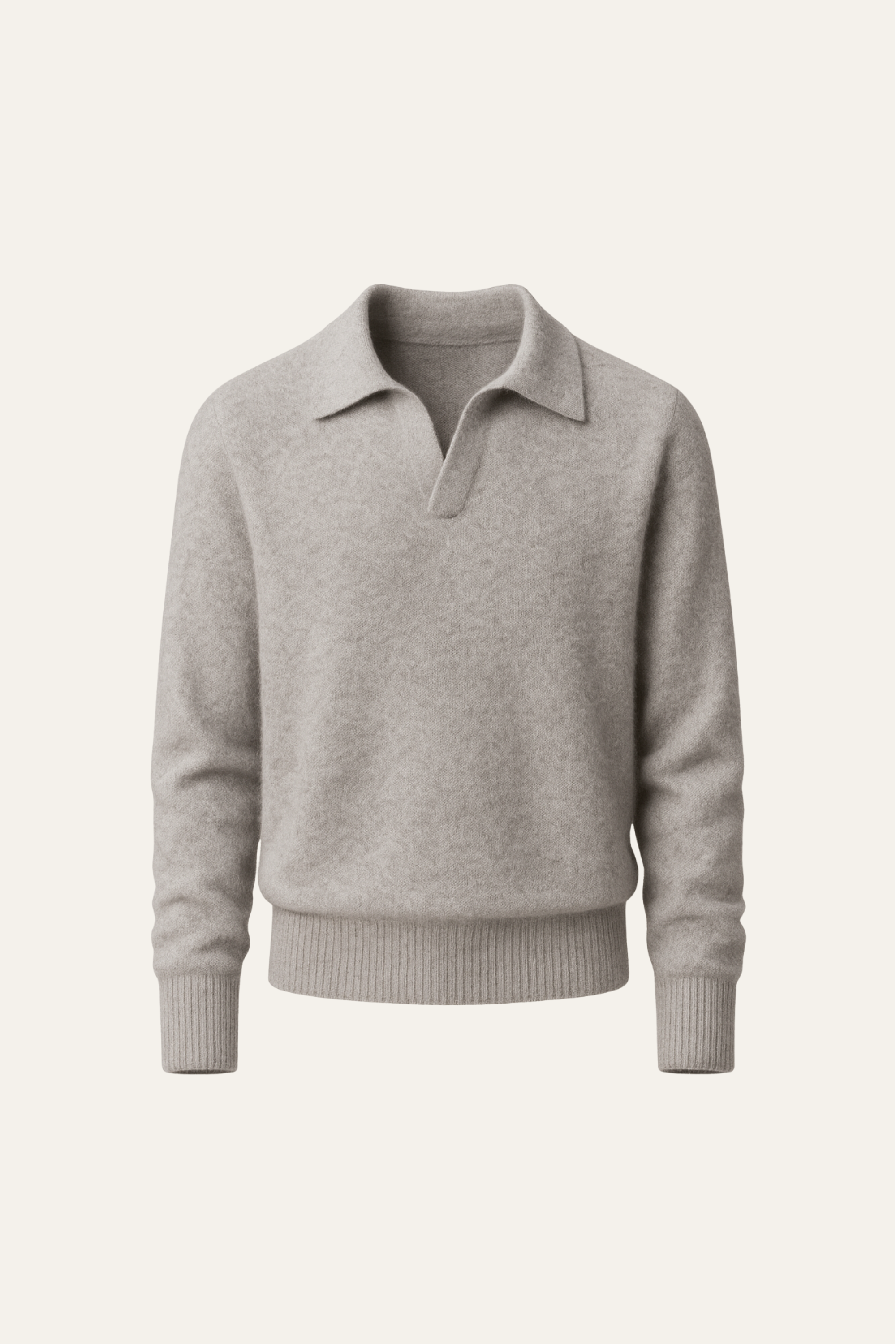 Grey cashmere polo knit sweater by Emiral Couture, featuring a classic collar and soft texture.