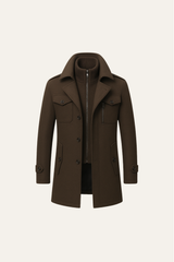 Brown long coat by Emiral Couture, featuring a classic design and tailored fit, perfect for stylish outdoor wear.