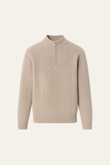 Beige half-zip cashmere sweater by Emiral Couture with a soft knit texture and elegant design.