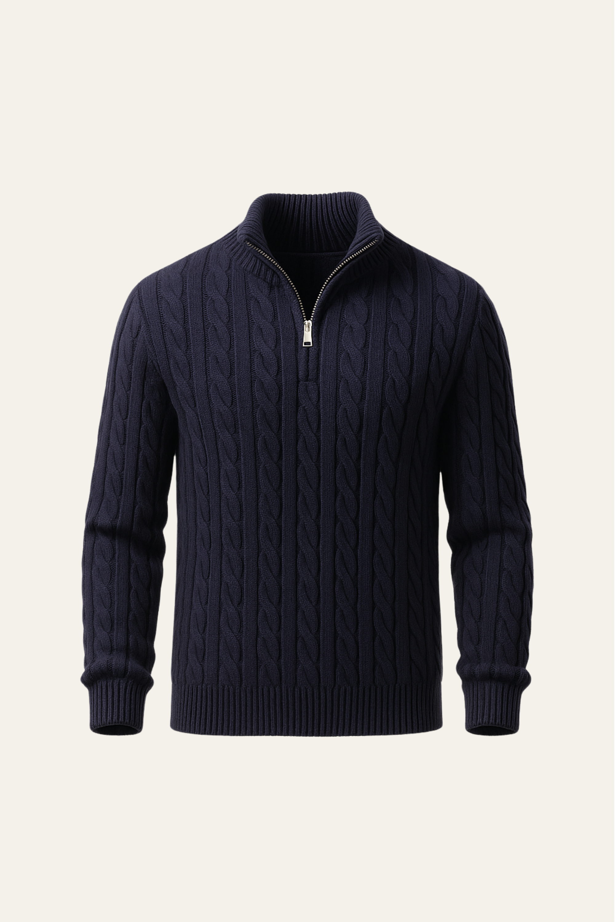 Emiral Couture navy cable knit sweater with textured design and round neckline, perfect for layering in cooler weather.