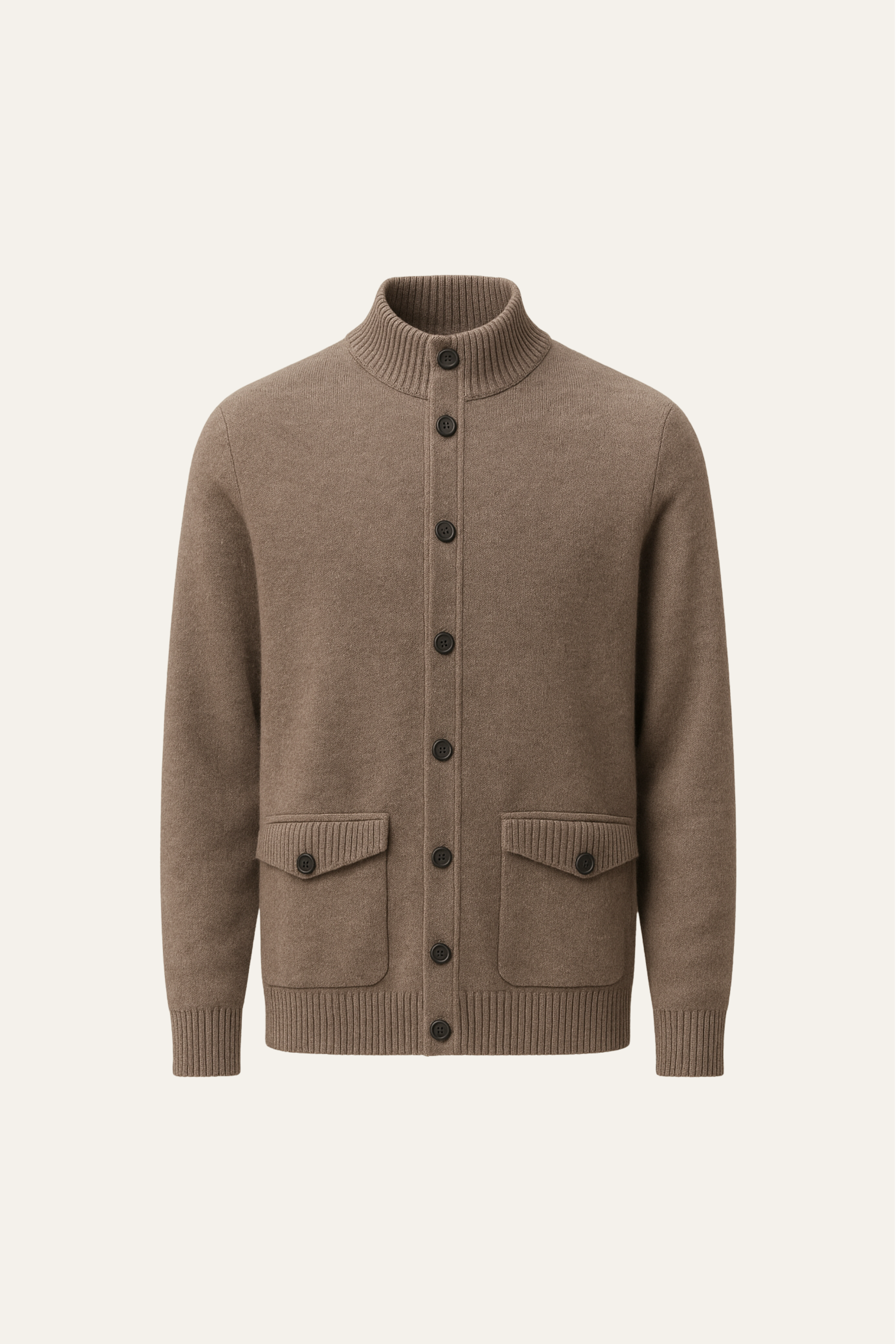 Emiral Couture mocha cashmere cardigan with a relaxed fit and long sleeves, perfect for layering in cooler weather.