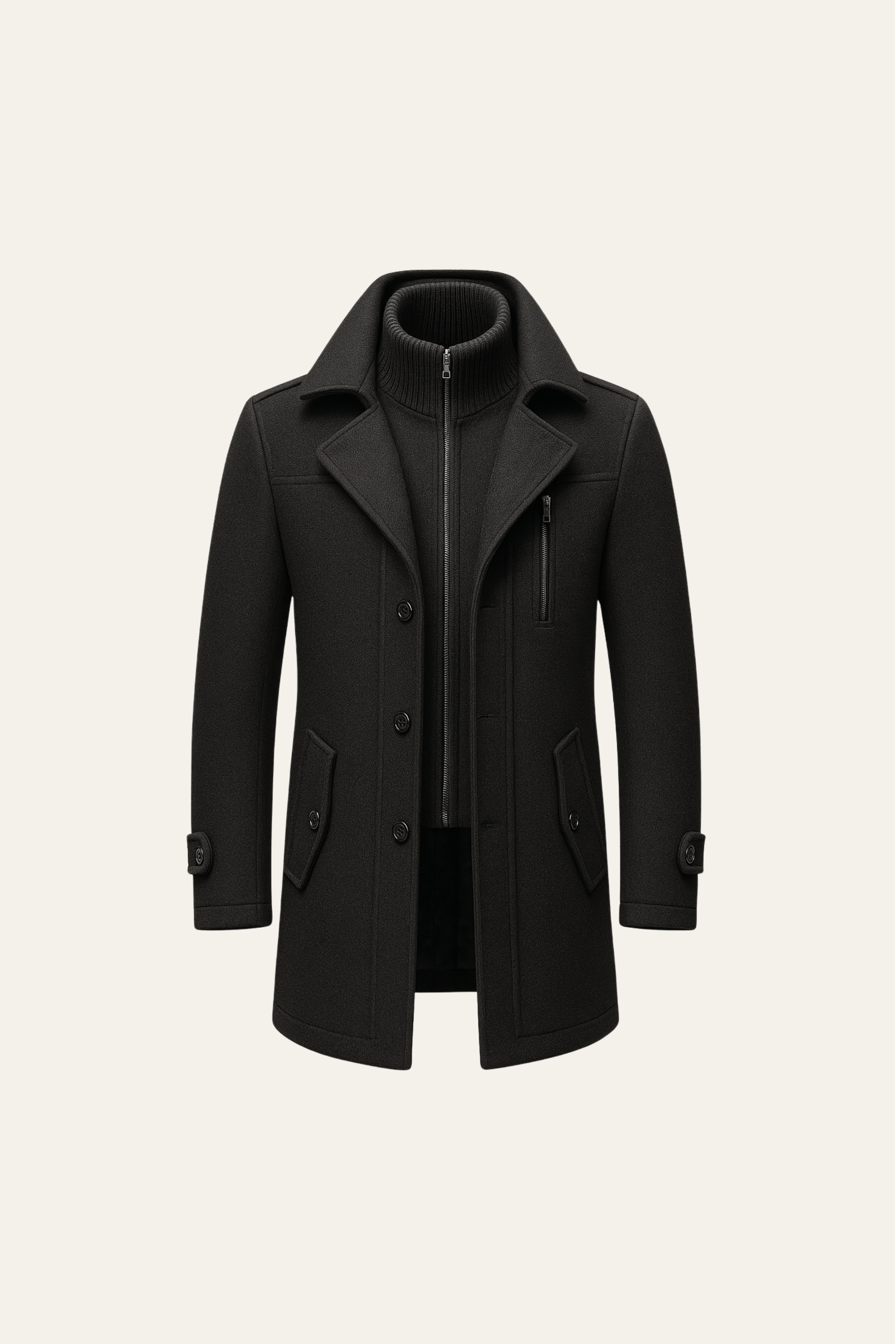 Emiral Couture black long coat featuring a classic design and tailored fit, perfect for stylish outerwear.