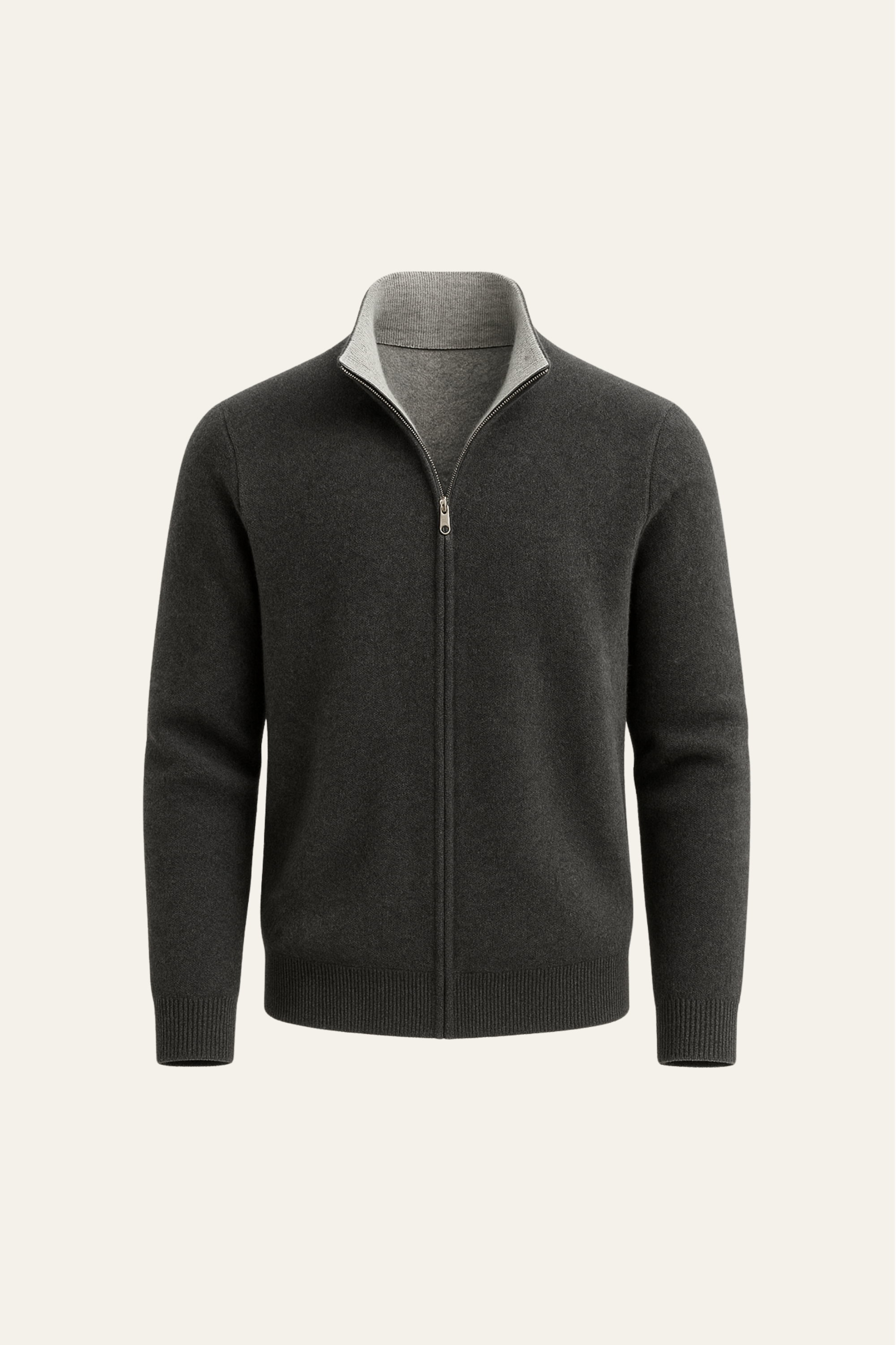 Emiral Couture reversible cashmere zip sweater in grey and dark grey, showcasing a soft knit texture and stylish design.