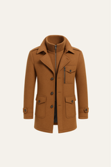 Emiral Couture long orange field coat featuring a classic design and functional pockets, ideal for outdoor wear.