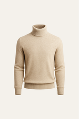 Beige cashmere turtleneck sweater by Emiral Couture, featuring a cozy design and ribbed detailing.