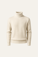 Ivory Carezza cashmere turtleneck sweater by Emiral Couture, featuring a soft texture and elegant design.