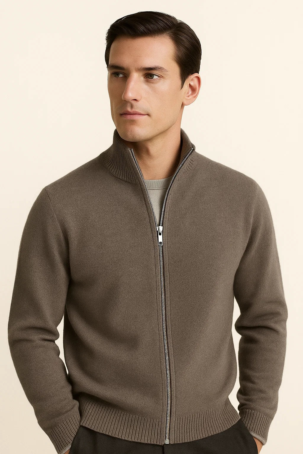 Emiral Couture grey zip cardigan featuring a modern design and comfortable fit, perfect for layering.
