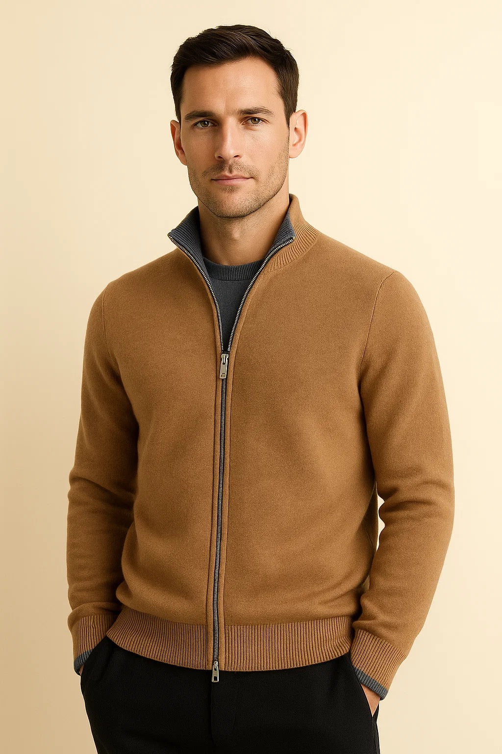 Beige Leonardo zip cardigan by Emiral Couture, featuring a stylish design and comfortable fit for casual wear.