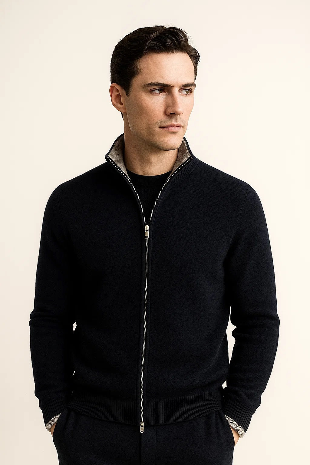 Emiral Couture navy zip cardigan featuring a modern design and cozy fit for casual or layered outfits.