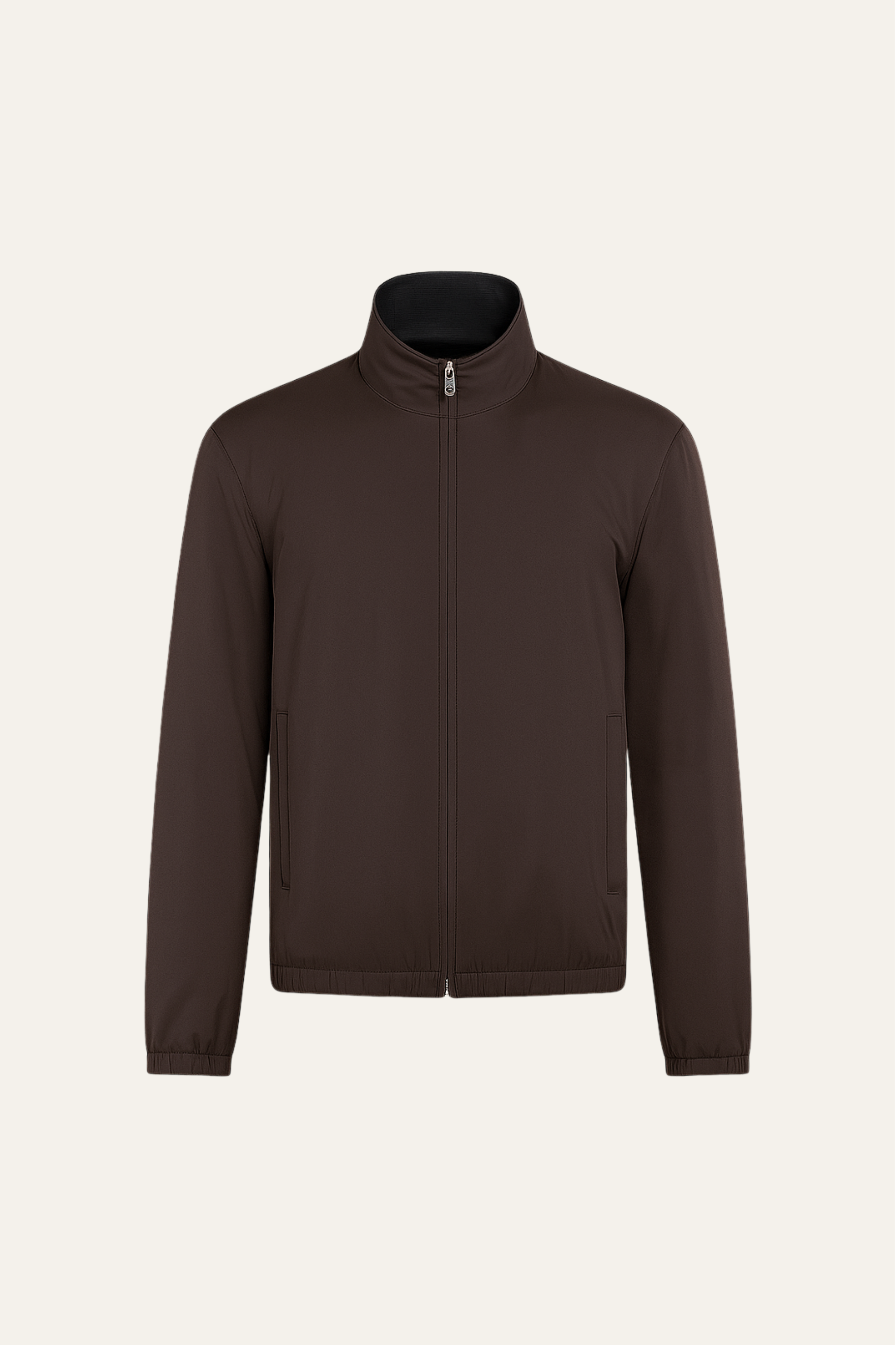 Brown Reverso Bomber Jacket by Emiral Couture, featuring a sleek design and stylish fit, displayed on a white background.