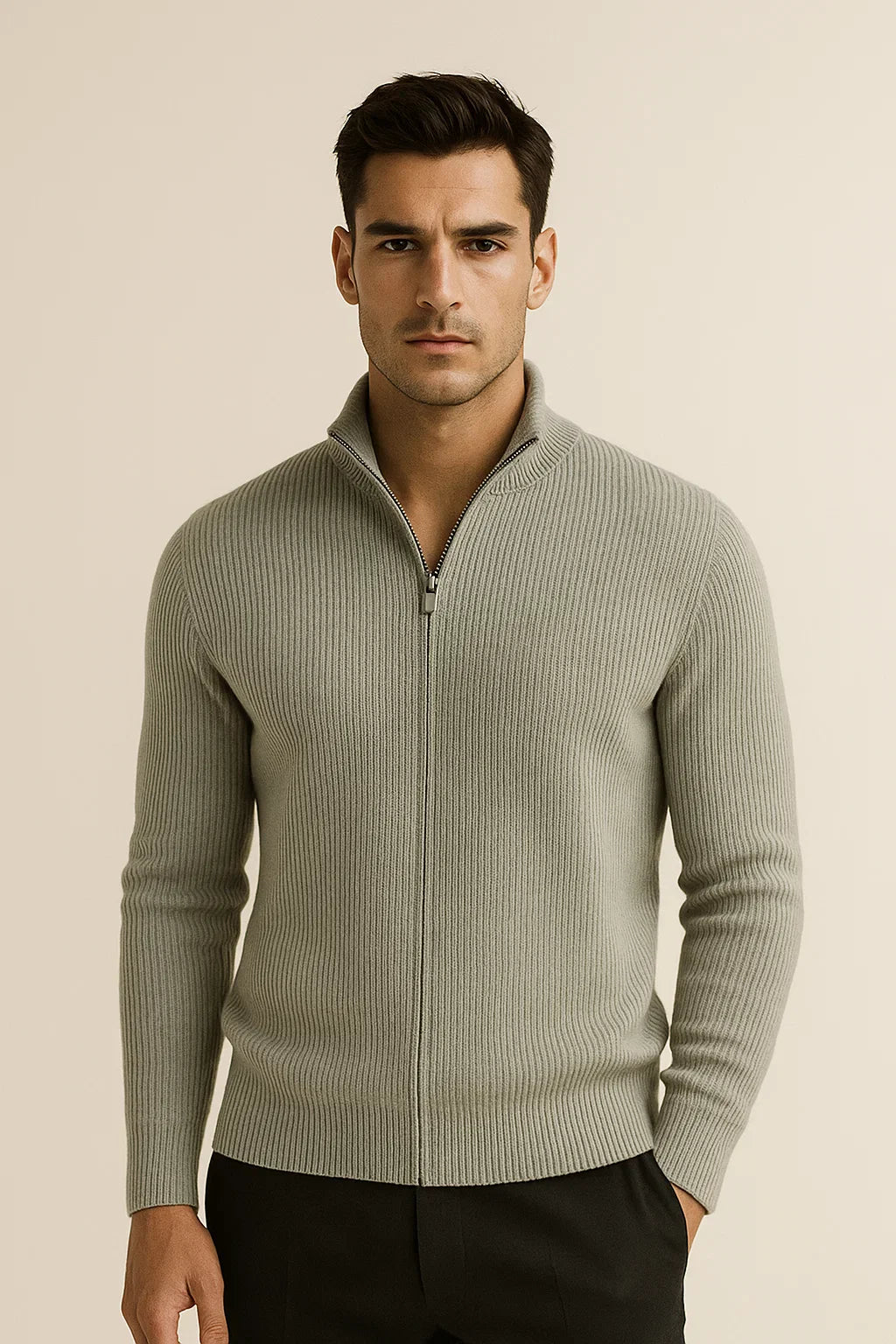 Emiral Couture grey green cashmere cardigan sweater displayed on a white background, showcasing its soft texture and design.