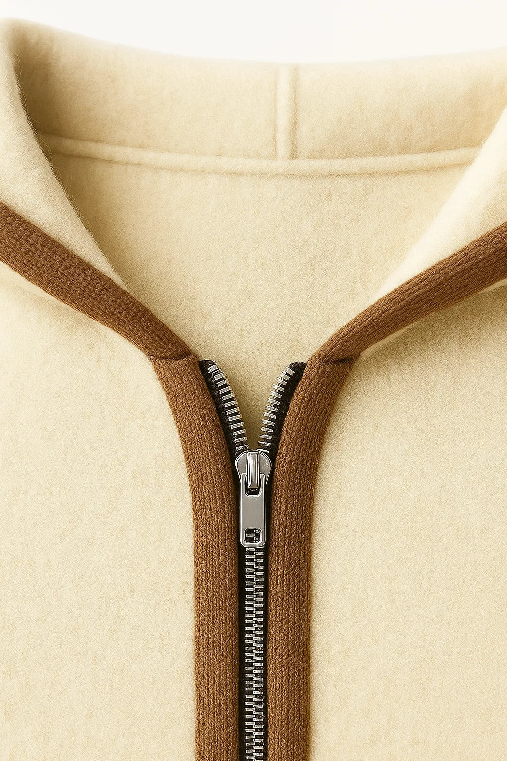 Cream hooded cardigan by Emiral Couture, featuring a cozy knit design and relaxed fit, perfect for layering.