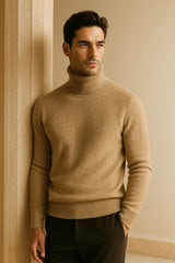 Dark beige Carezza cashmere turtleneck sweater by Emiral Couture displayed on a neutral background.
