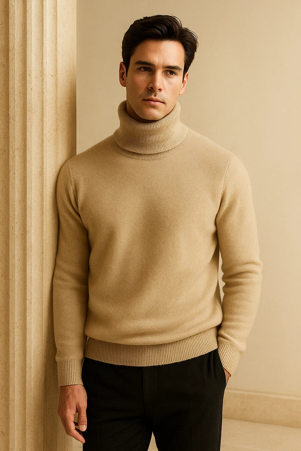 Beige Carezza cashmere turtleneck sweater by Emiral Couture, featuring a soft texture and classic fit for stylish layering.