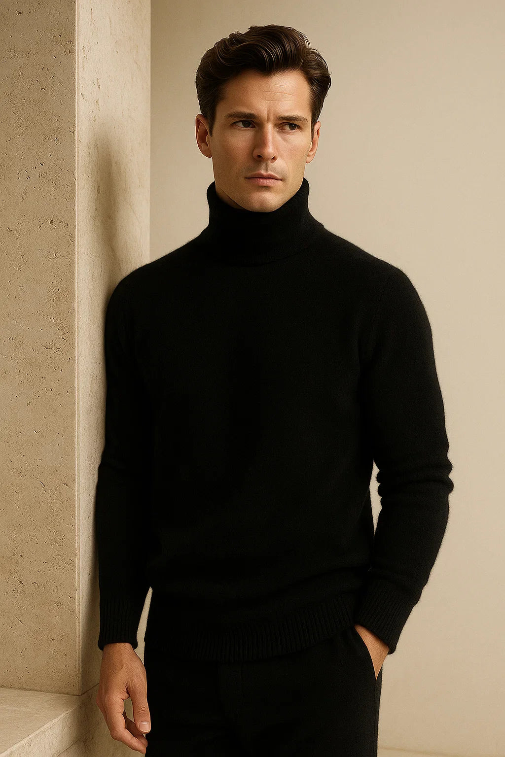 Black Carezza cashmere turtleneck sweater by Emiral Couture, featuring a soft texture and elegant design.