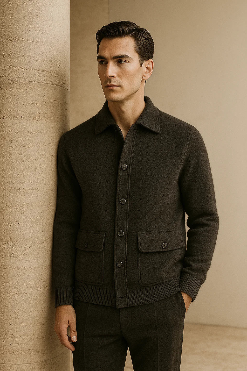 Dark grey Vicenza cashmere cardigan by Emiral Couture, featuring a soft texture and classic open-front design.