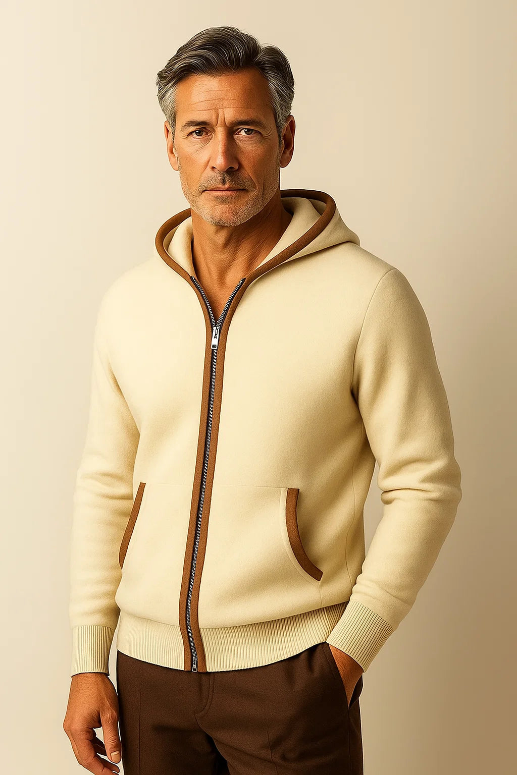 Cream hooded cardigan by Emiral Couture, featuring a relaxed fit and soft knit texture.