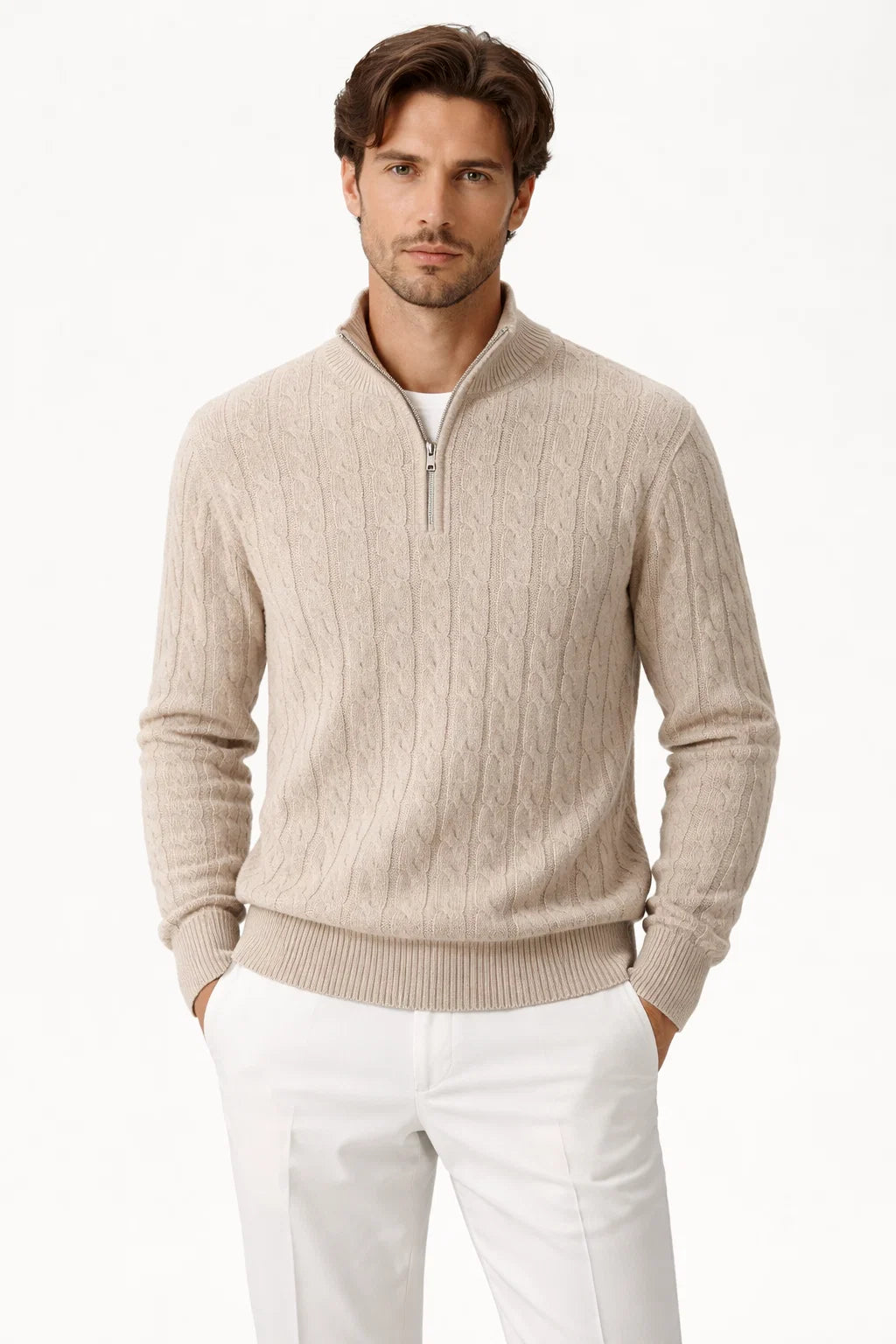 Lerano Cashmere Half-Zip Knit Beige